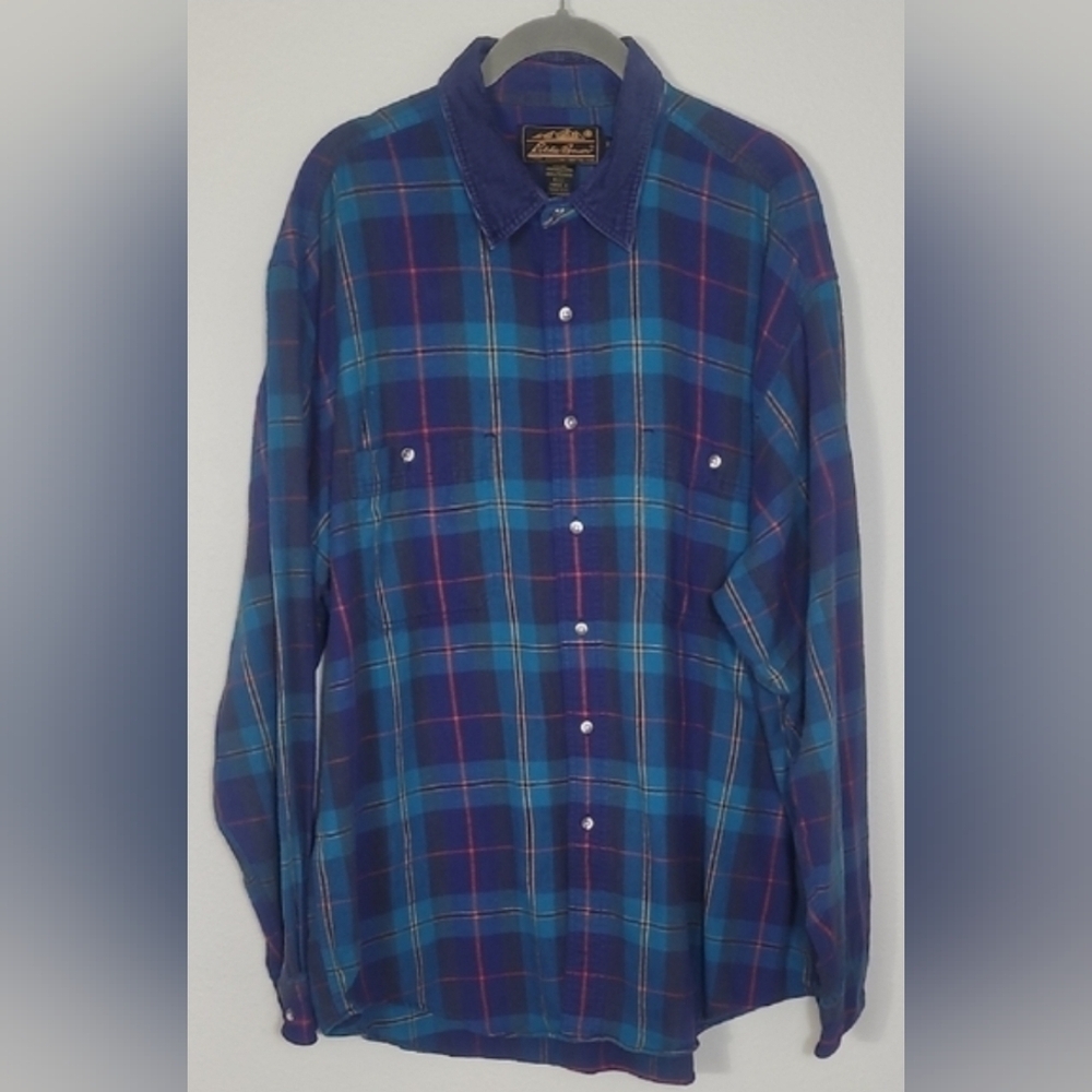 Eddie Bauer Mens Flannel Plaid Button Up Shirt Size XL Cotton Corduroy Collar